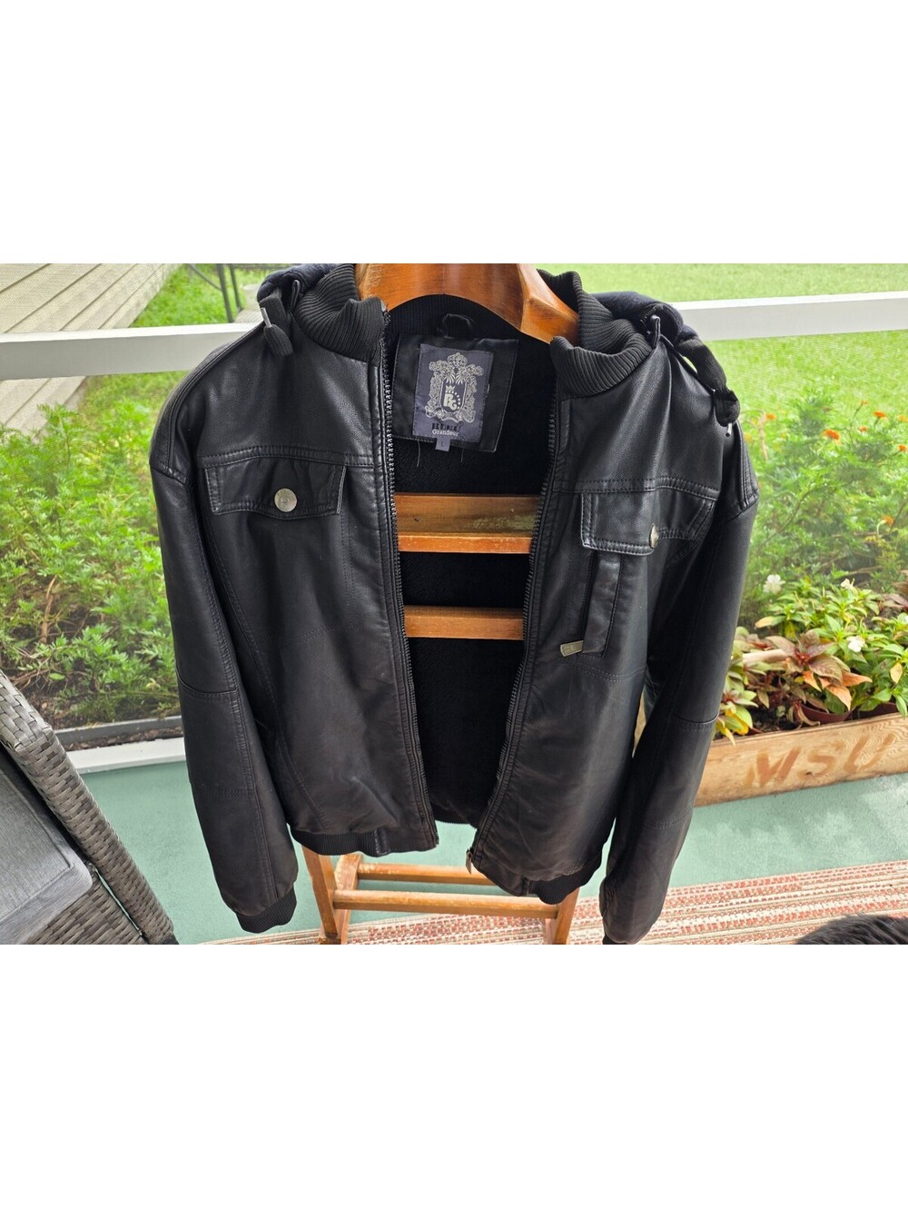 Motorcycle jacket Black Faux Leather Jacket with Hooded Fleece Lining